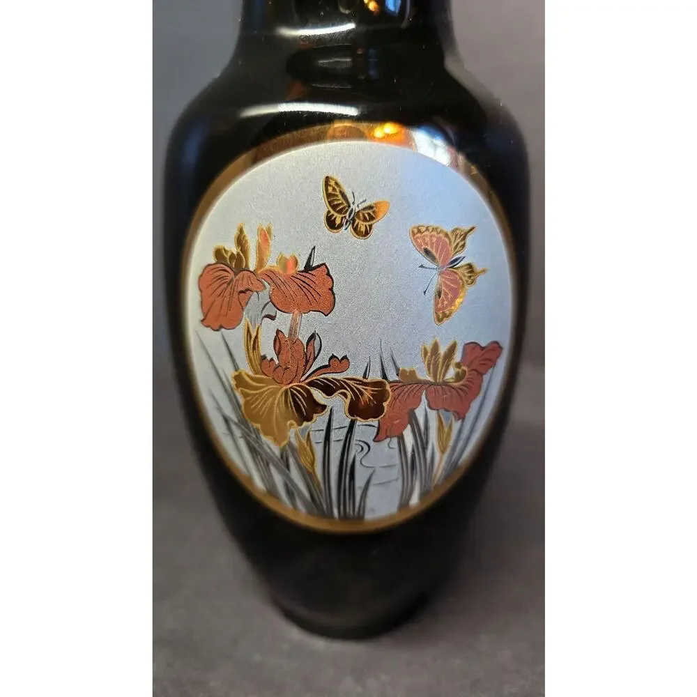 Vintage Fine China Floral Butterfly Vase Black Porcelain Japan Copper Gold Tone